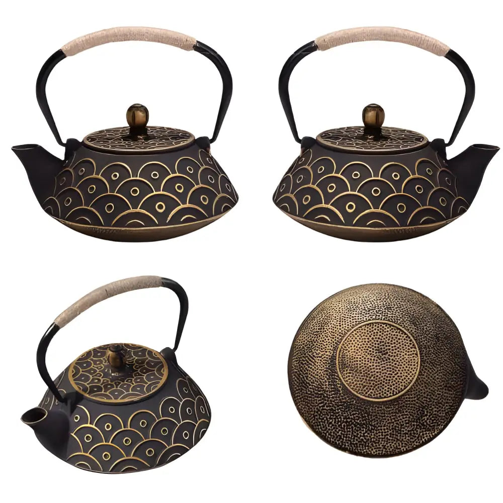 Enameled cast iron teapot black and gold carp scale design