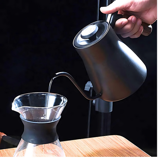 Black swan neck teapot with wooden handle on stove