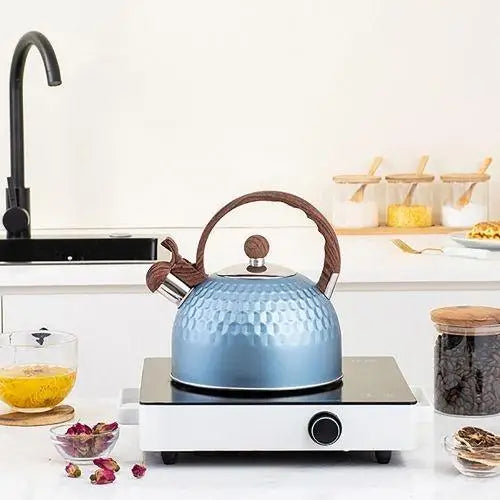 Blue kettle on induction cooktop