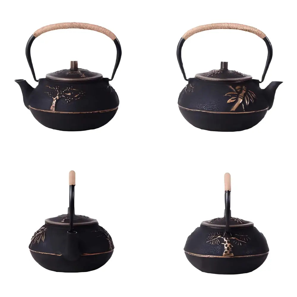 Enameled cast iron teapot gold tree design side view