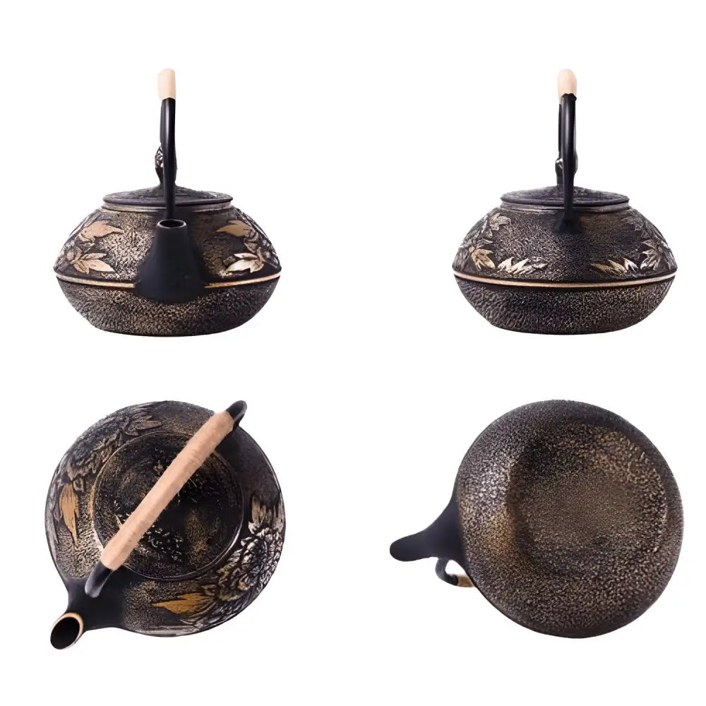 Cast iron flower teapot 30 oz shown from above on kitchen table