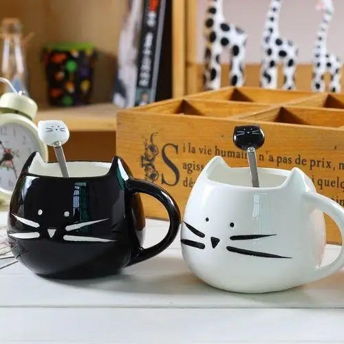 Black cat mustache tea cup with spoon
