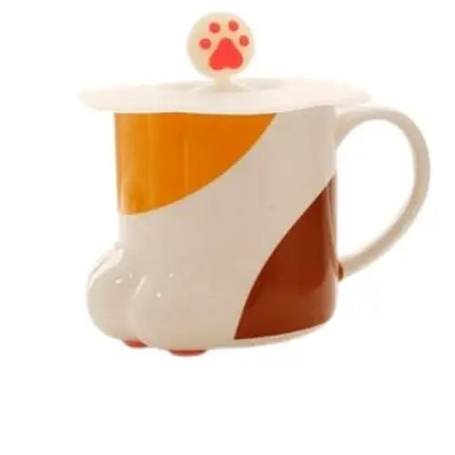 Cat paw shaped porcelain tea cup with matching lid, white background