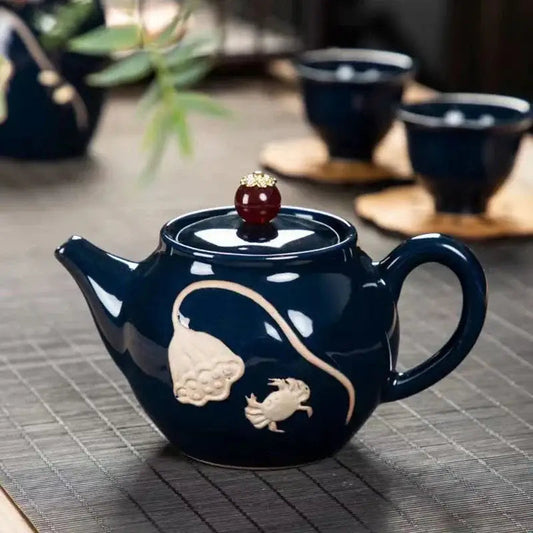 Royal blue ceramic teapot for one with lid