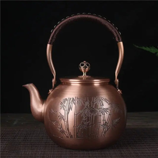 Copper teapot bamboo motif Chinese style, 1.5 liter, engraved surface detail
