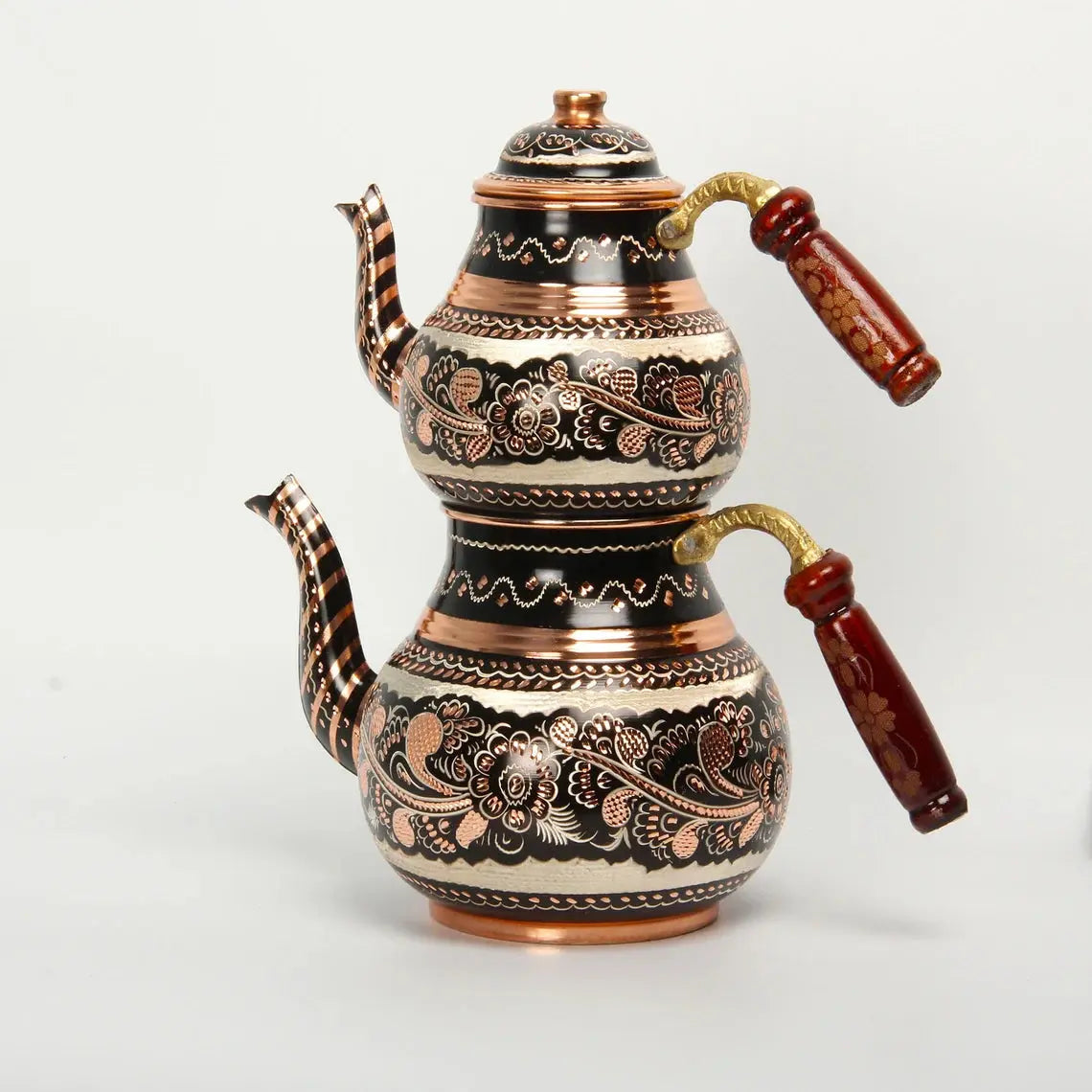 Hand-engraved floral copper caydanlik teapot, two-tier Turkish brewing style
