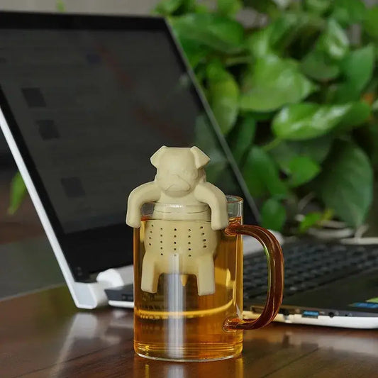 Dog tea infuser in beige with loose leaf tea