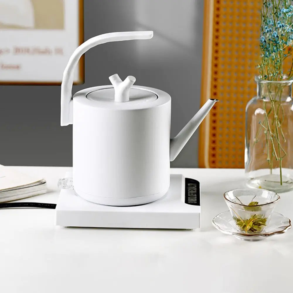 Close-up of electric teapot temperature control panel and narrow gooseneck spout