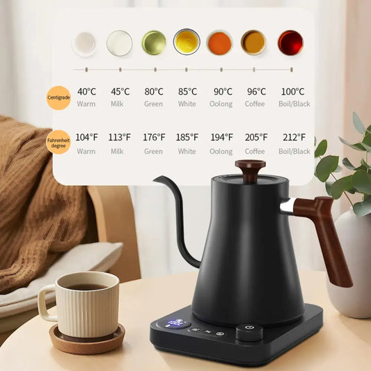 Close-up of gooseneck spout on electric tea kettle, black finish detail