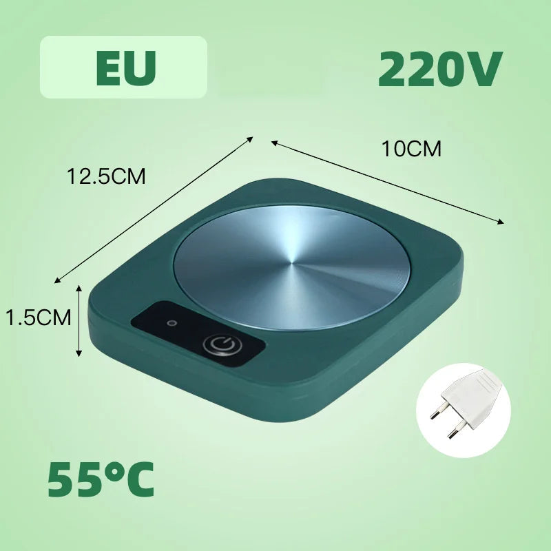 Electric mug warmer in green with mug of brewed tea on top, kitchen counter