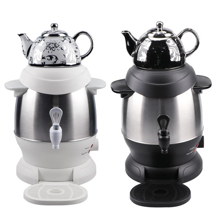 Black electric Turkish tea maker samovar 6L plus 1L teapot stacked on countertop