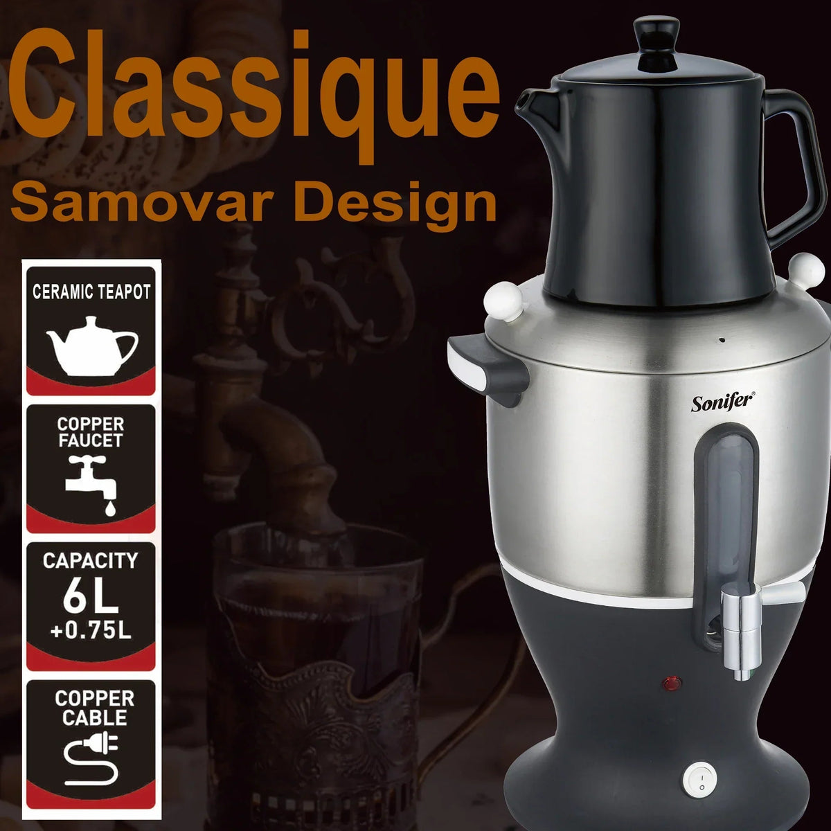 Electric samovar with teapot and cups set up for a Turkish tea gathering