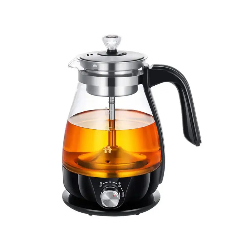 Electric tea infuser with glass carafe and stainless steel base