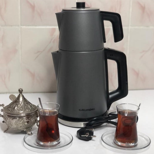 Top view of electric çaydanlık showing double-boiler upper and lower kettles