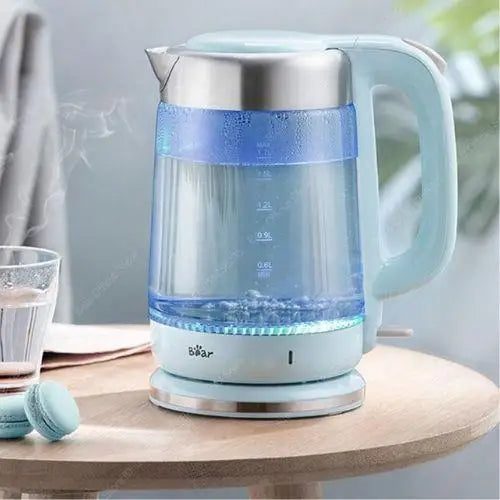 Glass electric kettle with blue LED and stainless steel accents