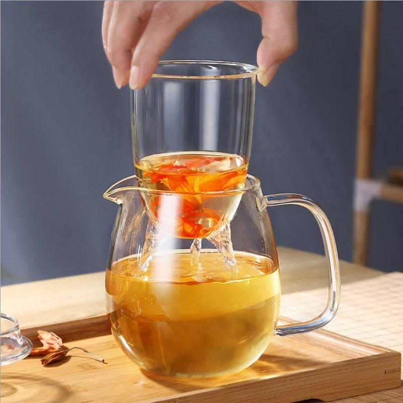 Glass teapot 600ml with tea cup and saucer, morning table setting