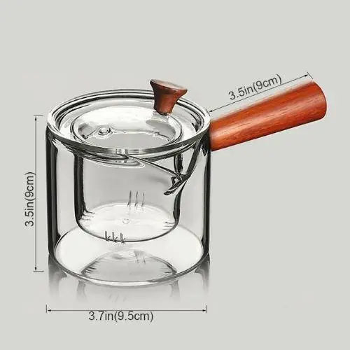 Glass teapot size comparison showing compact 9 cm width