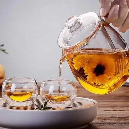 Glass teapot set full view showing transparent body and lid