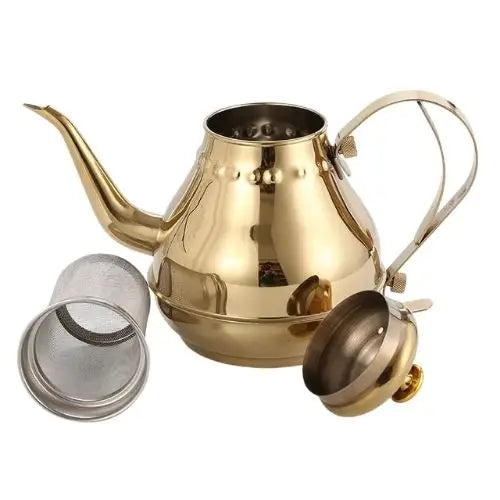 Two golden oriental stainless steel teapots showing both available sizes