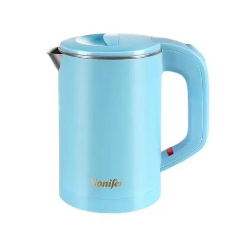 Petite blue electric kettle on a kitchen counter