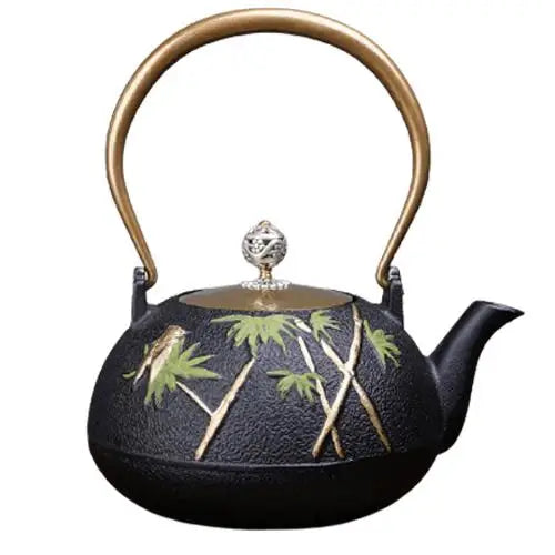 Green bamboo cast iron teapot with lid