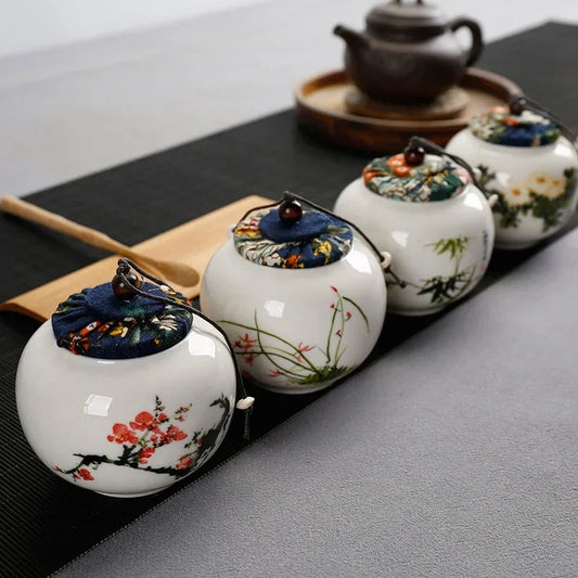Small ceramic tea jar with Mei plum blossom hand-painted Chinese motif