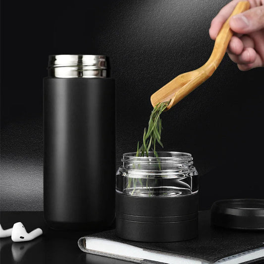 Black 500ml stainless steel tea thermos with removable loose-leaf infuser basket