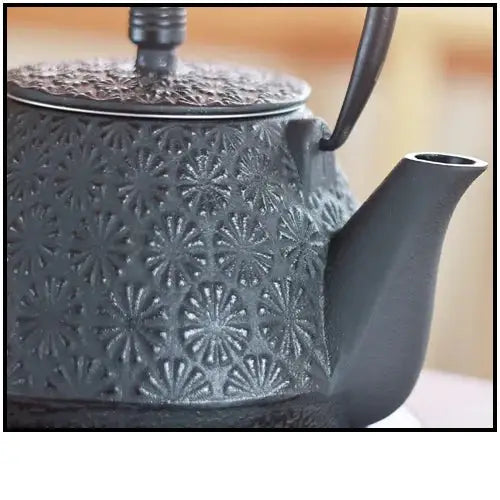 Black cast iron teapot on kitchen counter