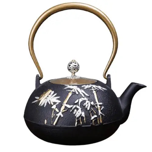 Japanese cast iron teapot with gold bamboo design