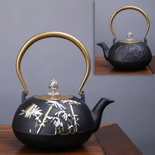 Cast iron teapot with gold bamboo pattern