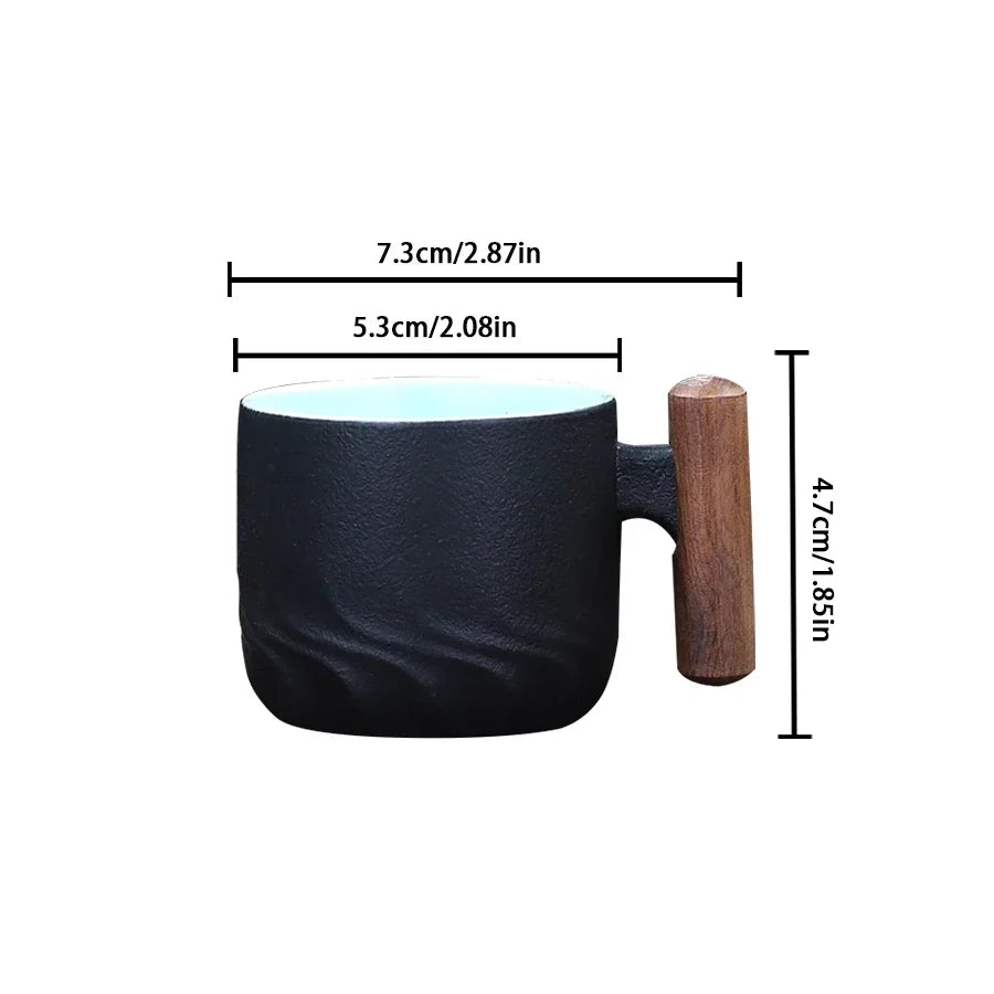 Elegant Japanese tea cup with wooden handle on bamboo mat