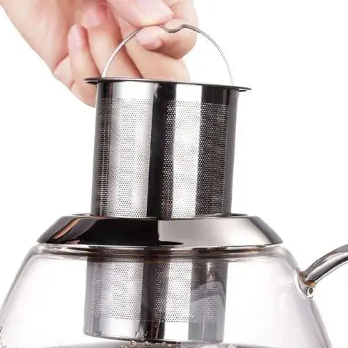 Glass teapot with stainless steel loose-leaf infuser basket inserted