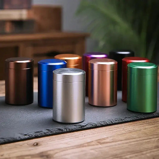 Stainless steel tea storage tin for loose leaf tea, shown from the side