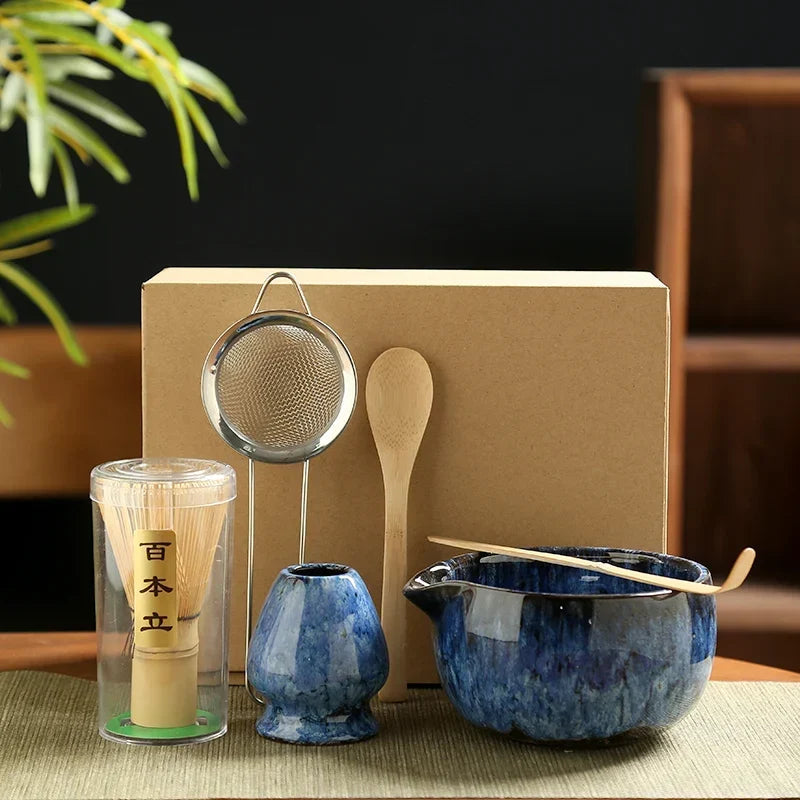 Matcha tea set in Zen Night Blue color with ceramic bowl and bamboo whisk