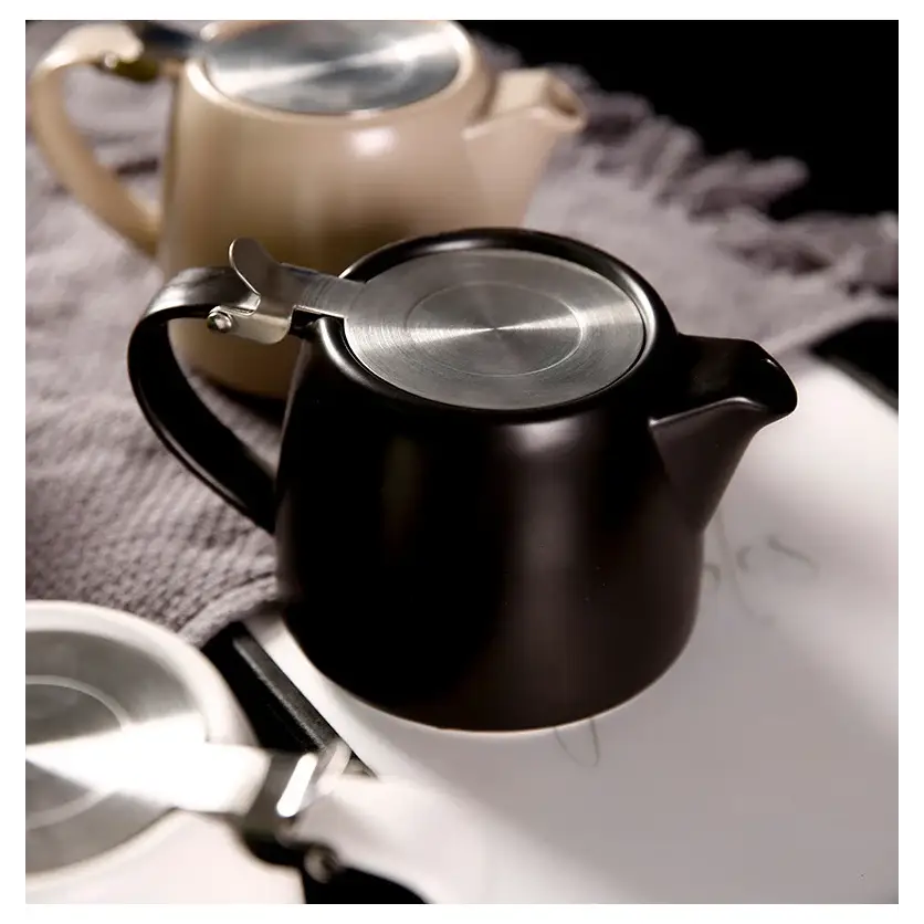 Modern ceramic teapot with cup on tray