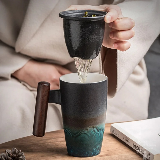 Modern ceramic tea pot for one with removable infuser basket and ceramic lid
