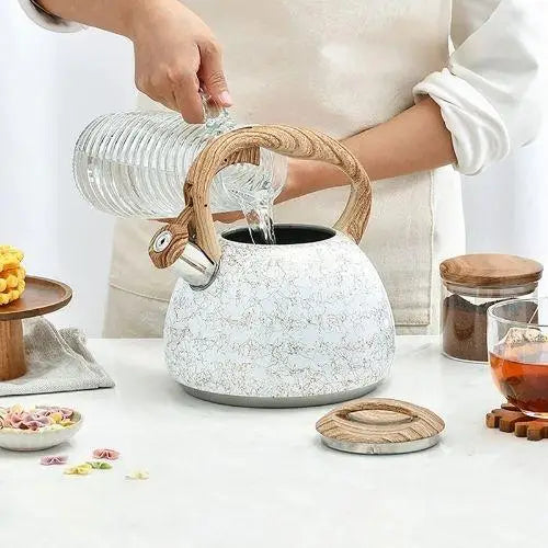 Modern whistling teapot pouring hot water