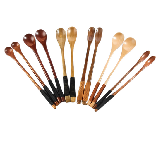 Olive wood tea spoon set on rustic table