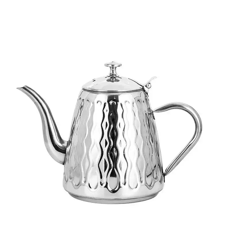 Silver stainless steel oriental induction teapot, clean finish detail