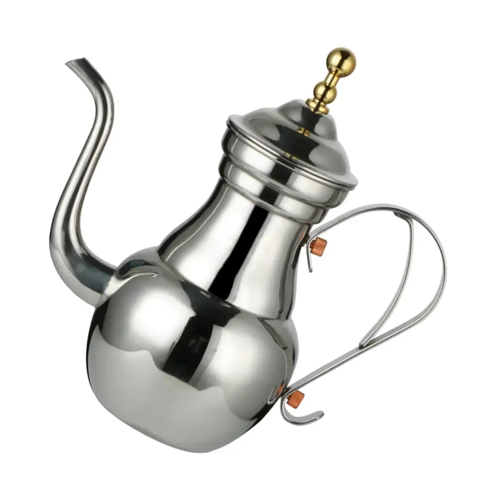 Silver Oriental stainless steel teapot with long spout on light background