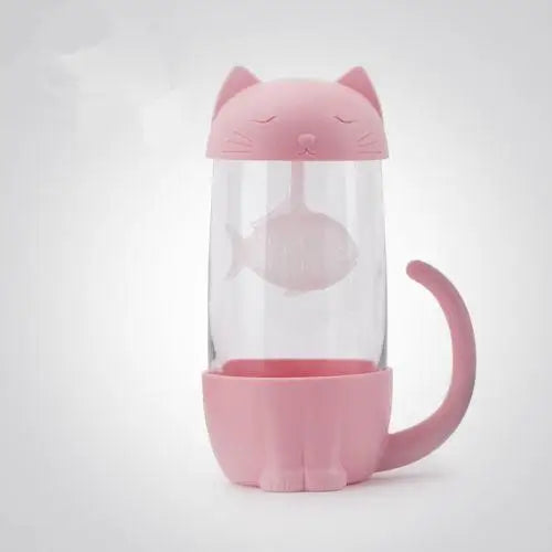 Pink cat glass tea cup with infuser, clear glass cat design close-up