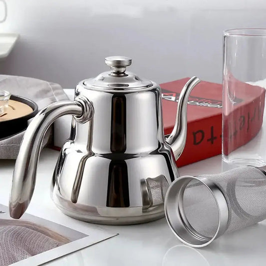 Stainless steel induction teapot with removable mesh infuser, front view