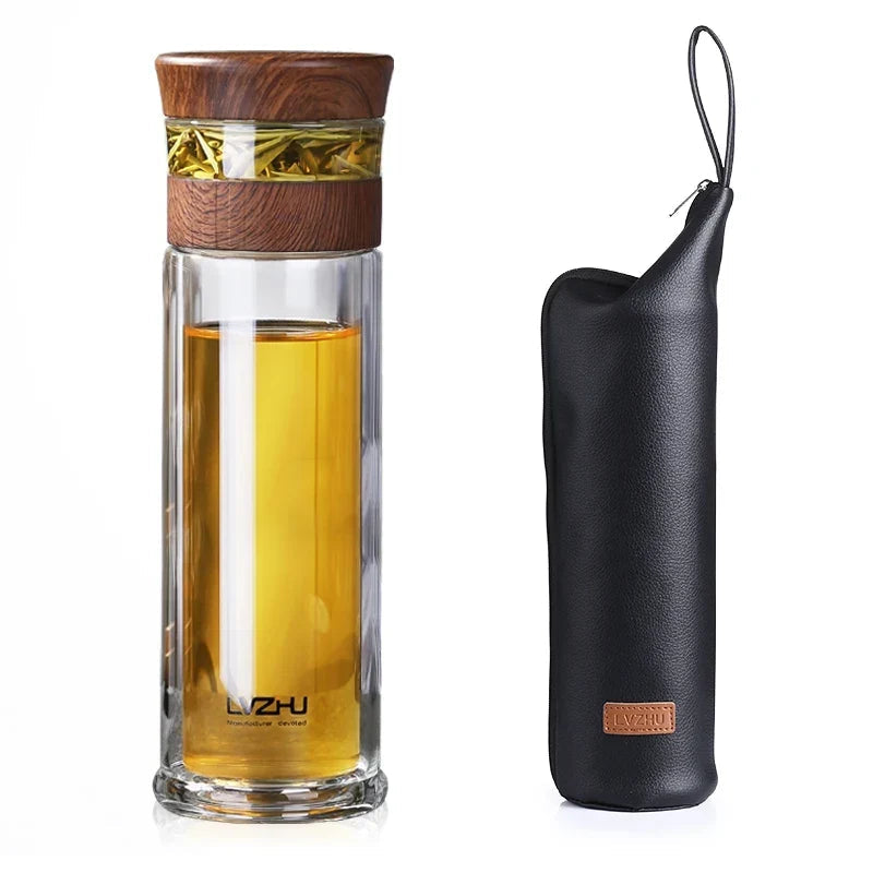 Double wall borosilicate glass tea bottle with stainless filter and lid, assembled