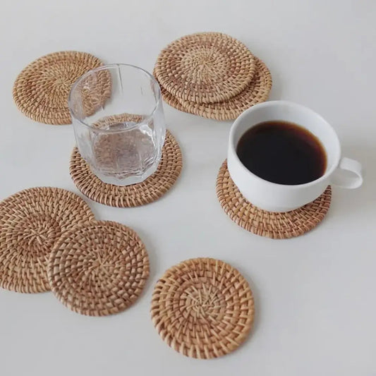 Raffia coaster set for tea cups, natural rattan saucer