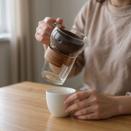 Borosilicate glass teapot brewing loose leaf tea on a wood table
