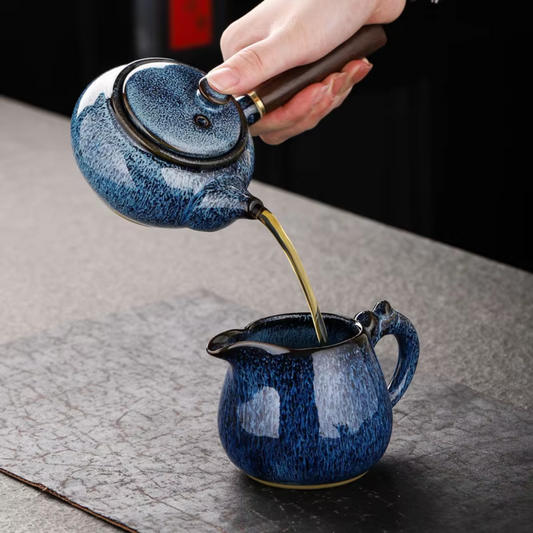 Compact ceramic teapot with side handle, front view
