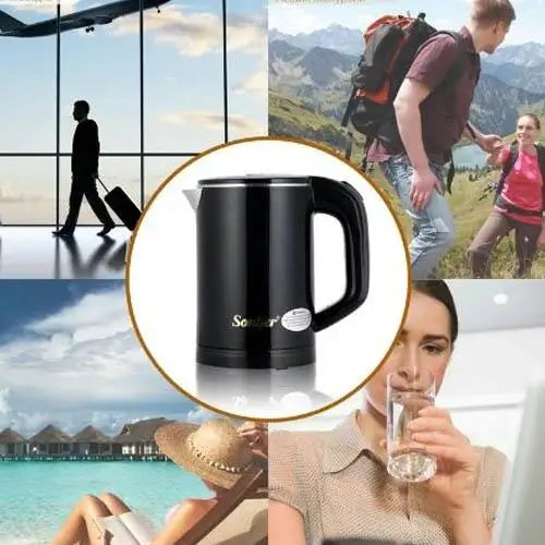 Small electric kettle with steam rising from spout