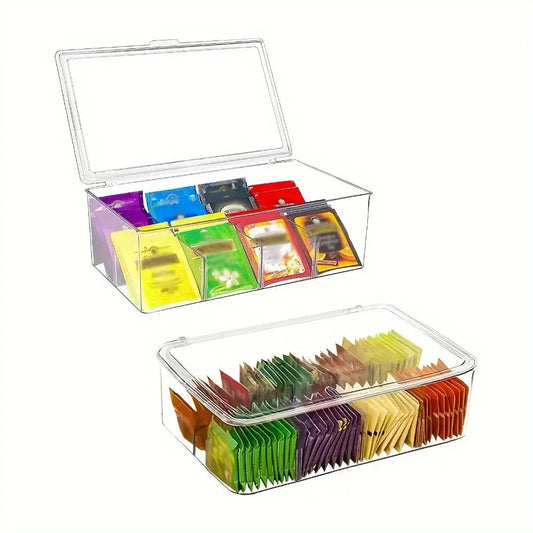 Clear tea bag organizer with removable dividers showing sorted compartments by tea type