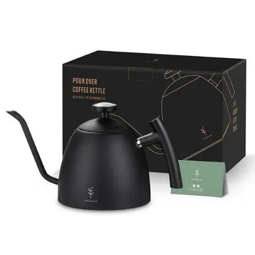 Black gooseneck kettle on kitchen counter