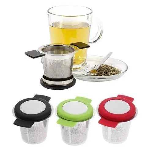 Three tea strainers in red green and black colors displayed together